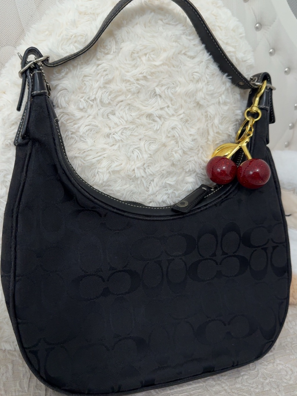 Coach Black Signature Jacquard Shoulder Bag with Red Cherry Charm